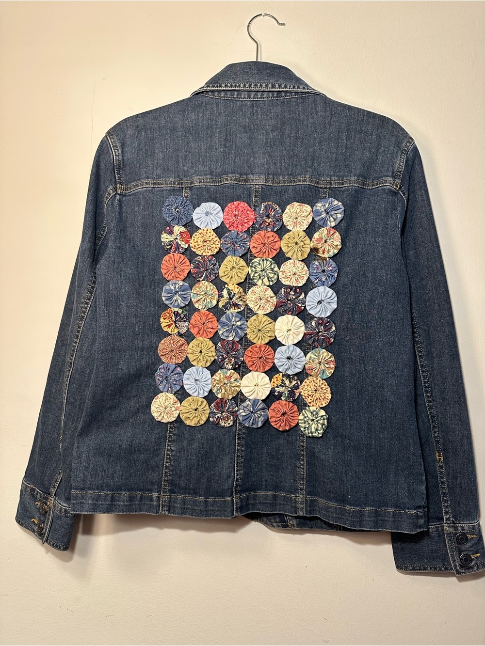 Upcycled / Reworked Denim Jacket with Multicolor Yo-Yo Patchback